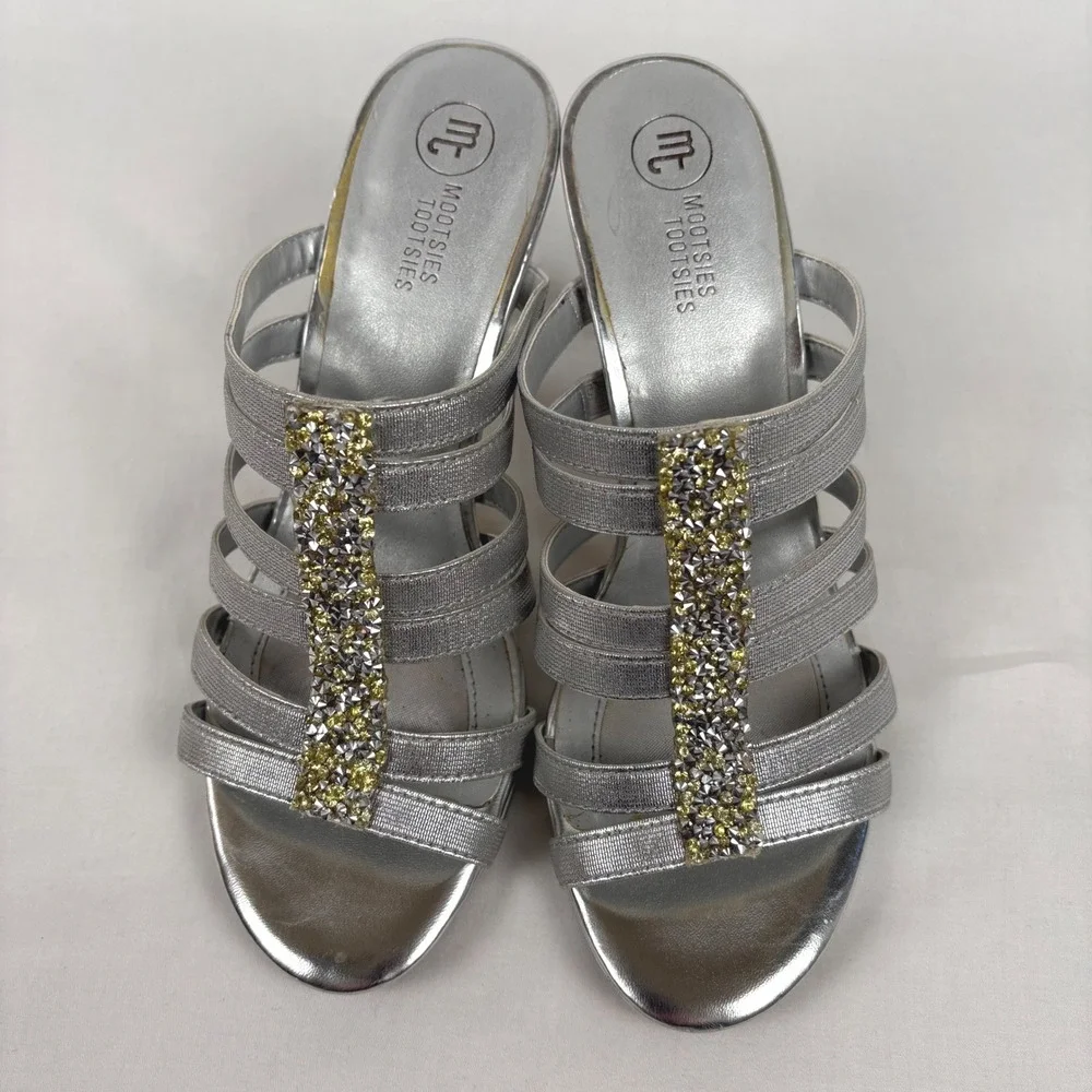 Mootsies Tootsies Harp Sandals 7M Silver Rhinestone Clear 3.5